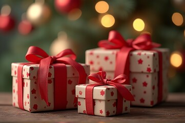 Colorfully wrapped presents in varying sizes sit on a wooden table, adorned with cheerful star patterns and ribbons