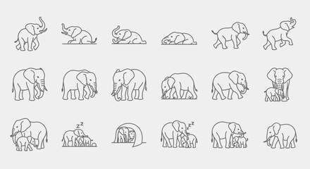Obraz premium Elephant line art vector pack, heartwarming adult and calf elephants, gracefully illustrated in simple lines, artistic charm for stationery, packaging, branding, and diverse creative design projects