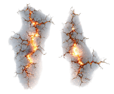 Two cracked, light-gray, organic forms with fiery veins