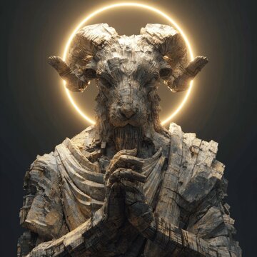 Crumbling stone statue of a goat-headed deity with broken rocky texture and glowing golden halo against dark background digital art