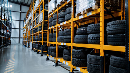 High rack  wheel tires car in warehouse of dealer customer.