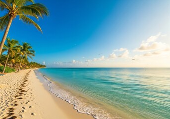 Stunning Tropical Paradise: White Sand Beach, Palm Trees, and Turquoise Ocean Under Blue Sky