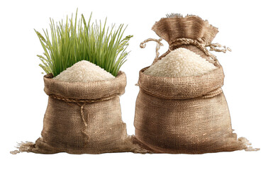 Two burlap sacks of rice next to rice plants
