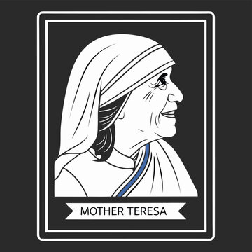 Stylized black and white portrait of Mother Teresa in profile with blue accent illustration