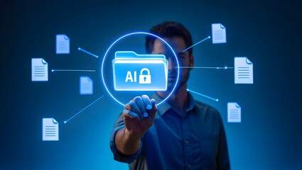 Data security with AI protection conceptual image with man pointing at screen
