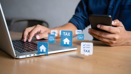 Filing real estate property taxes online using laptop and mobile phone