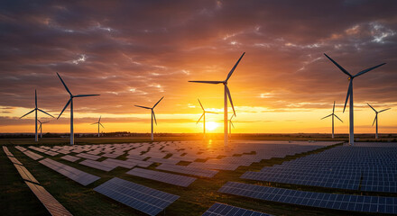 wind turbine and solar system  at sunset