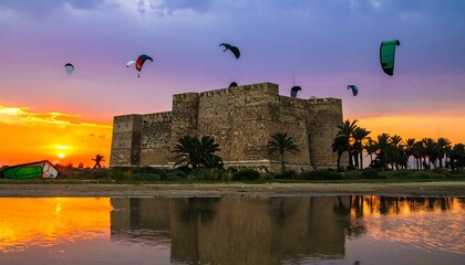 Coastal Fortress at Sunset with Kitesurfers and Palm Trees
