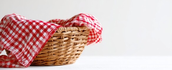 Obraz premium The traditional woven basket with a red checkered cloth on a white surface.