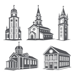 Collection of six distinct dark grey vector church building silhouettes on a white background architecture