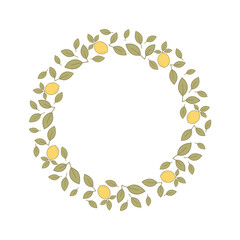  Decorative round frame made of lemons and green leaves on a white background. Perfect for invitations, summer designs, natural product labels, and seasonal greeting cards.
