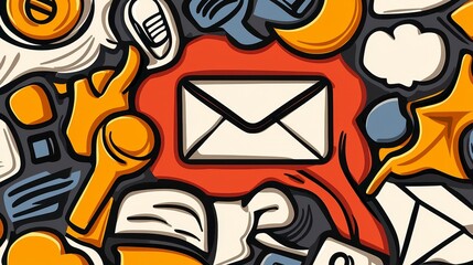 Email Envelope Surrounded by Hand Drawn Icons in Yellow Gray and White Design