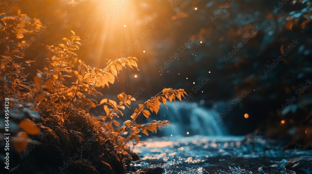 Canvas Prints a magical forest scene with sunlight filtering through leaves and a waterfall in the background.