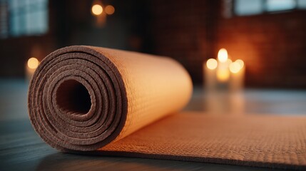 Rolled Yoga Mat in Serene Studio with Soft Candlelight Glow