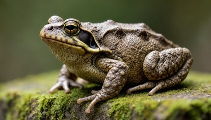Fototapeta premium Brown frog sitting on mossy stone in natural environment 
