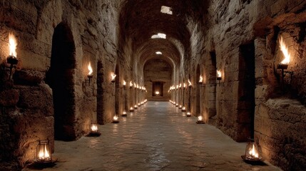 Fototapeta premium Ancient stone corridor lit by flickering flames