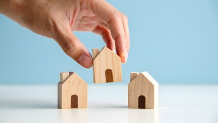 Hand selecting wooden house real estate investment choice concept