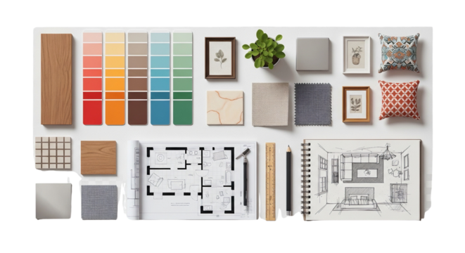 Interior design mood board with paint swatches, samples, floor plan and sketch