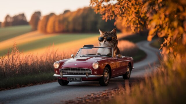 Funny Cat in Sunglasses Driving. Autumn season.
