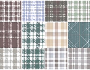 Twelve muted plaid patterns in various colors and line thicknesses
