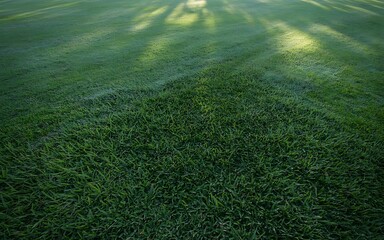 Wide angle view of a meticulously manicured green lawn with long, diagonal tree shadows stretching across