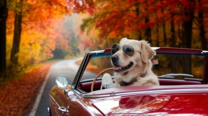 Funny Dog in Sunglasses Driving. Autumn season.