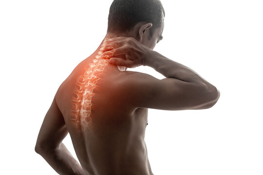 Man suffering from neck and back pain, with a glowing spine highlighting the painful area.