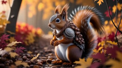 Obraz premium Armored Squirrel Warrior in Autumn Forest with Red Maple Leaves