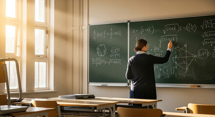 Math Class: Teacher at Blackboard with Equations