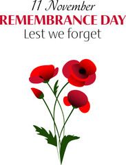 Vector illustration of remembrance day vertical poster with bunch of red poppy flowers on white and black background