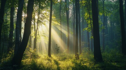 Obraz premium Sun rays shine through the trees in a dense forest.
