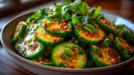 Spicy cucumber salad garnished with fresh cilantro and chili oil served in ceramic bowl, flavorful Asian side dish