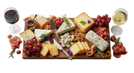 Cheese board with grapes, figs, prosciutto, walnuts, rosemary sprigs and wine glasses isolated PNG with Transparent Background