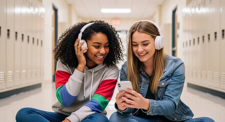 Friends Sharing Music in School Hallway