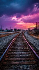 Fototapeta premium Railroad tracks disappearing into a vibrant sunset