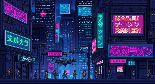 Pixel Art Cyberpunk Cityscape with Neon Signs