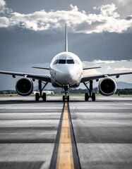 Airplane on tarmac, dramatic sky