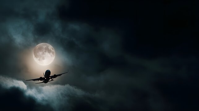 Airplane silhouette flying across the glowing moon in the night sky