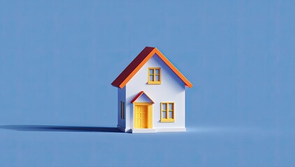 A small, stylized house, rendered in bright colors, sits on a simple blue background