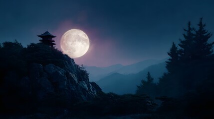 Illuminated Asian temple under the enchanting glow of a full moon