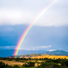 Vibrant rainbow arcing over a landscape of rolling hills and mountains under a partly cloudy sky