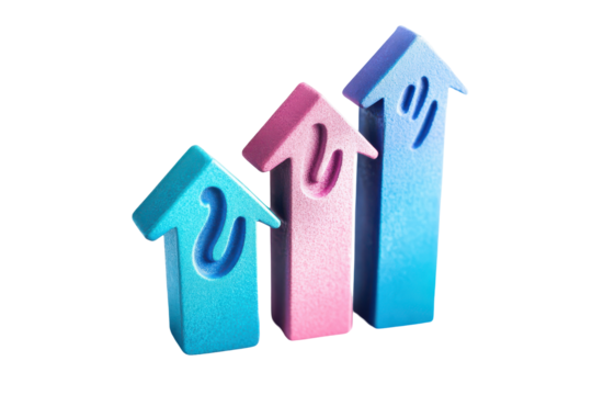 Blue arrows pointing upwards showing growth and progress isolated on transparent background. Blue upward arrows with percentage signs isolated on white background.