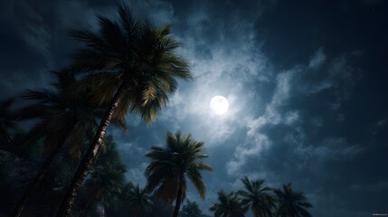 Tropical palm trees under a serene moonlit sky