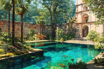 Tropical courtyard with pool and ancient building
