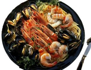 A seafood platter with shrimp, mussels, and pasta isolated on transparent background