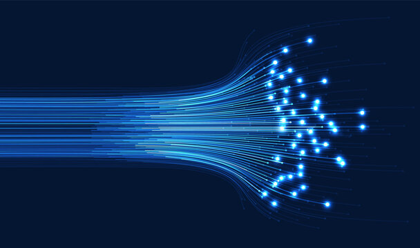 Blue glowing fiber optic lines streaming into multiple points, perfect for technology, internet, communication, and high-speed data concepts.