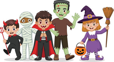Happy Kids in Halloween Costumes, Trick or Treat Fun, Vampire, Witch, Devil, Mummy, Frankenstein, Spooky Holiday, Party Characters