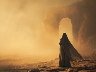 Hooded traveler in a flowing dark cloak stands before towering natural arches in a golden desert landscape as warm sand swirls around