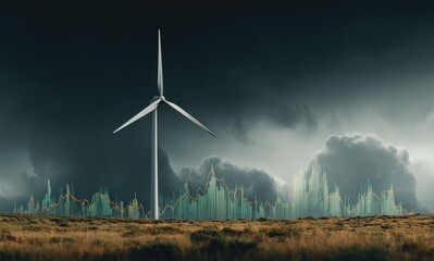 Wind turbine amidst stormy landscape with financial data