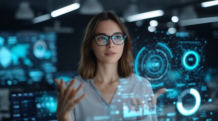 Young Woman Using Futuristic Digital Interface in High-tech Environment